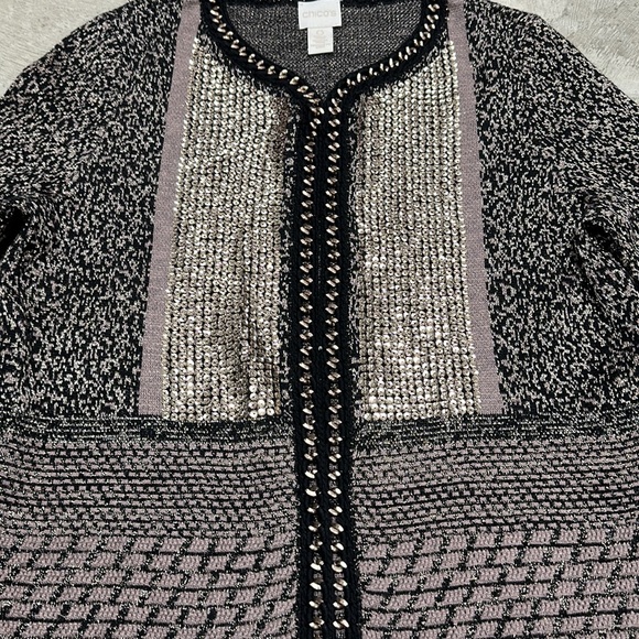 Chicos brand‎ black w/tan n gold detailing sweater / cardigan /Size 0 / Q-66 - Picture 3 of 6